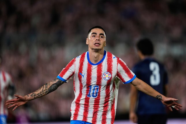 Selebrasi Miguel Almiron dalam laga Paraguay vs Nikaragua, Sabtu (6/6/2026).